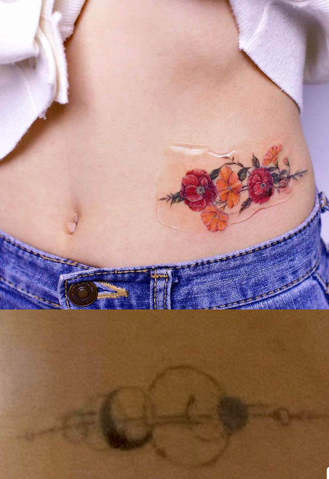 Bellissimo tatuaggio di copertura sulla vita con fiori di @yerae_tt
