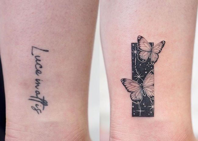 Tatuaggio di copertura con universo e farfalla sulla gamba di @dan_tattooer