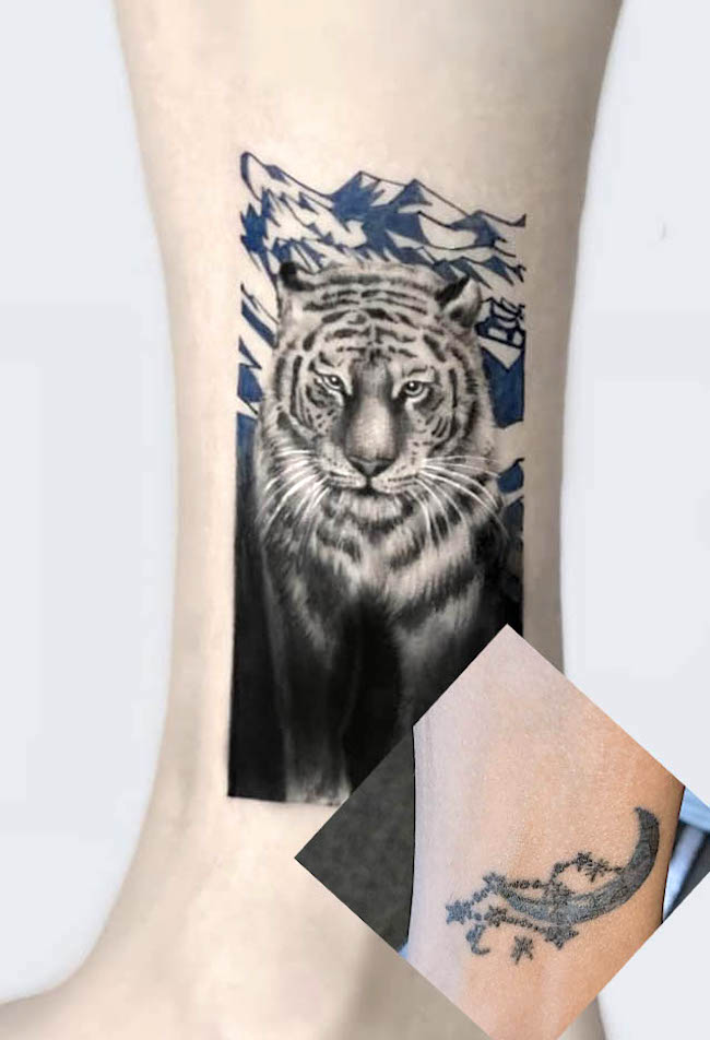 Tatuaggio di copertura con tigre sulla caviglia di @mimique_tattoo - Tatuaggi di copertura intelligenti e sorprendenti