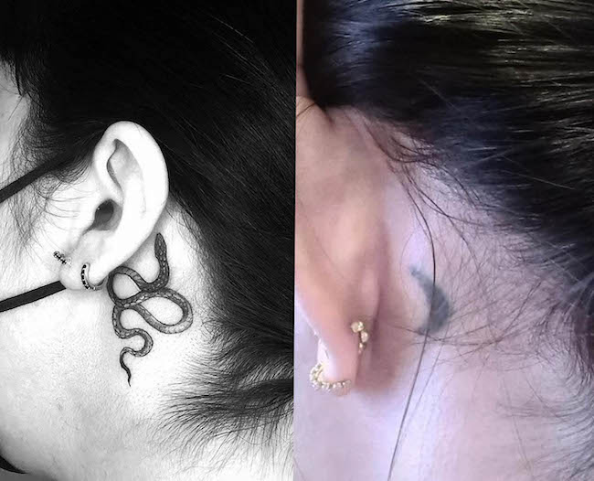 copertura del tatuaggio del serpente dietro l'orecchio di @eduardo_fiasko - Tatuaggi di copertura intelligenti e sorprendenti