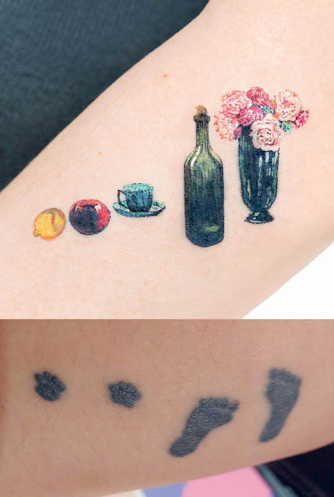 Footprints into glasswares di @tattooist_moony - Tatuaggi di copertura intelligenti e sorprendenti