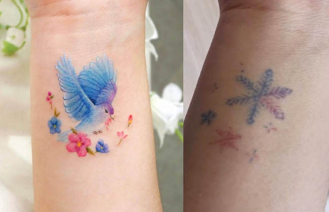 Copritatuaggio girly da polso con fiocchi di neve di @eunyutattoo- Tatuaggi di copertura intelligenti e sorprendenti