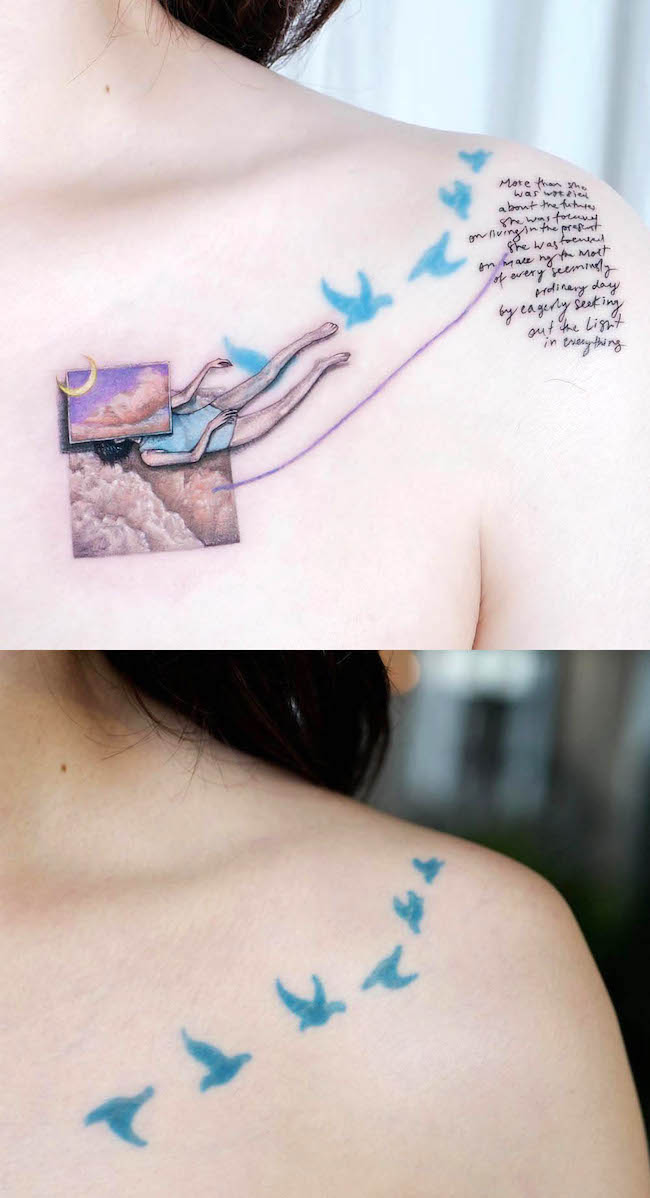 Tatuaggio di copertura poetico sulla spalla di @09xx_- Tatuaggi di copertura intelligenti e sorprendenti