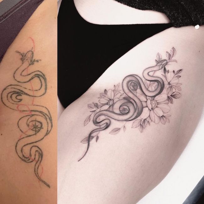 Tatuaggio di copertura con serpente floreale sulla coscia da @elenayelloww
