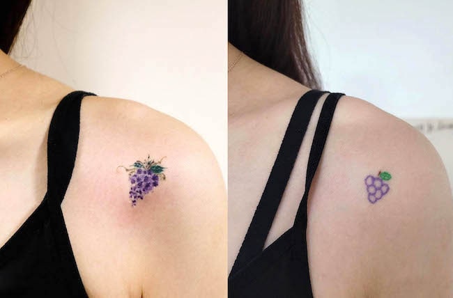 Tatuaggio di copertura con uva sulla spalla di @sinewpark_tt