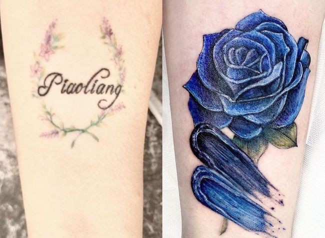 Tatuaggio lettering con rosa di @tattooist__ria
