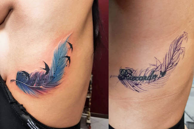 Bellissimo tatuaggio di piume colorate di @eternity_17_tattoo_shop