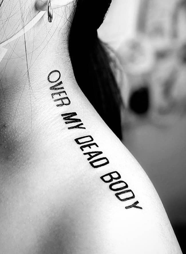 Over my dead body shoulder quote tattoo by @so.tattoo_studio