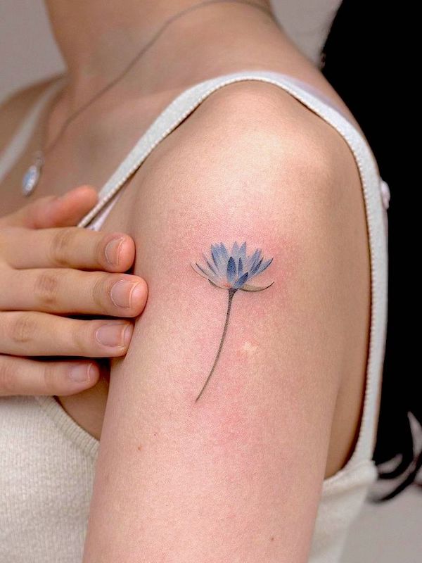 Blue waterlily sleeve tattoo by @comotattoo - Tatuaggi di fiori di ninfea con significato