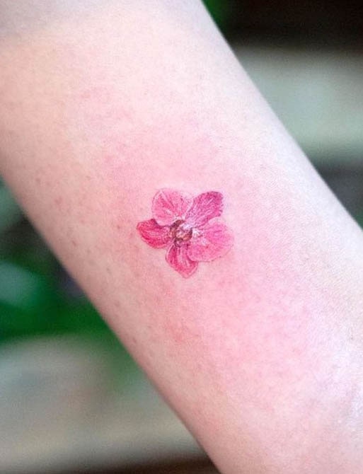 tatuaggio di piccole orchidee rosa sul braccio di @mojo_tattoo