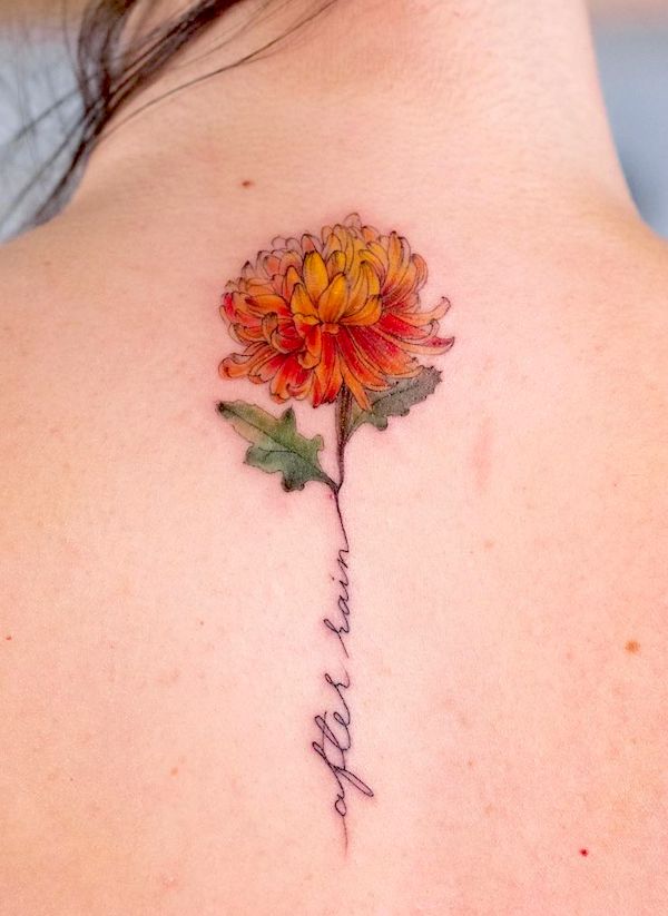 Red and yellow chrysanthemum back tattoo by @danielle.camurca- Tatuaggi di fiori di crisantemo con significato