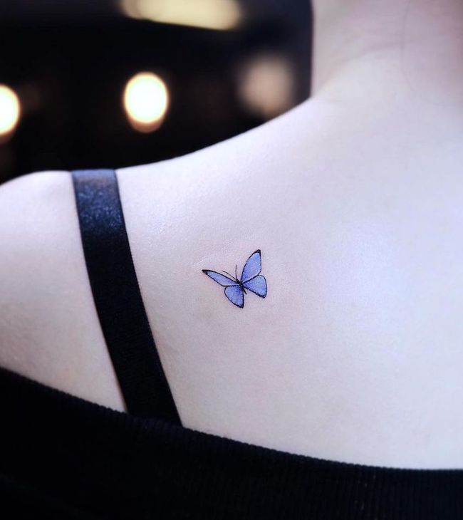 Piccola farfalla blu sulla spalla di @tattooist_pool