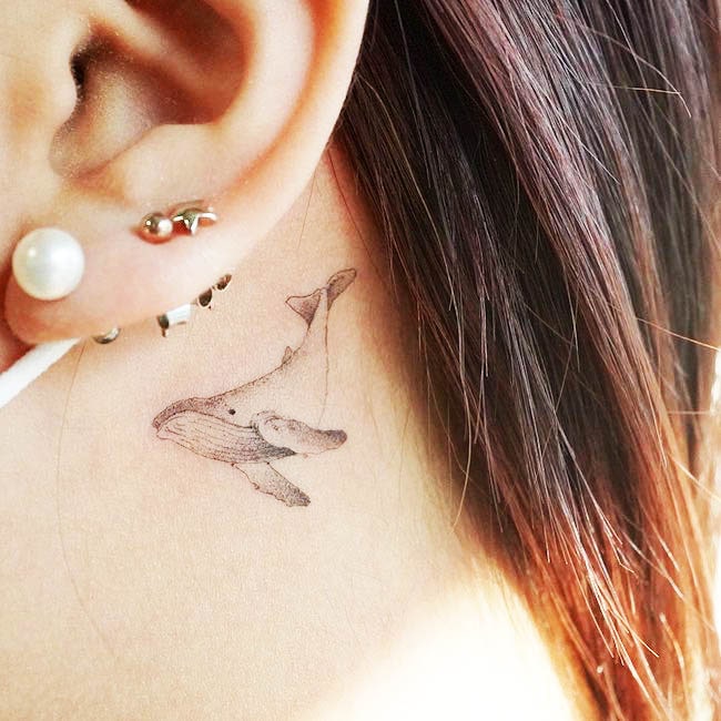 Un tatuaggio di balena dietro l'orecchio di @mijeongtattoo