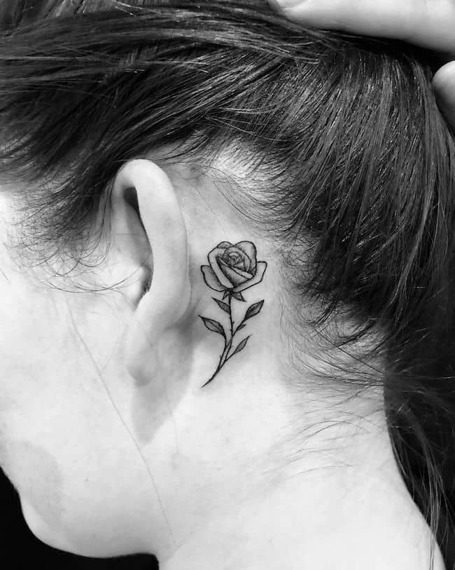 Tatuaggio di una rosa sull'orecchio posteriore di @alexismfish