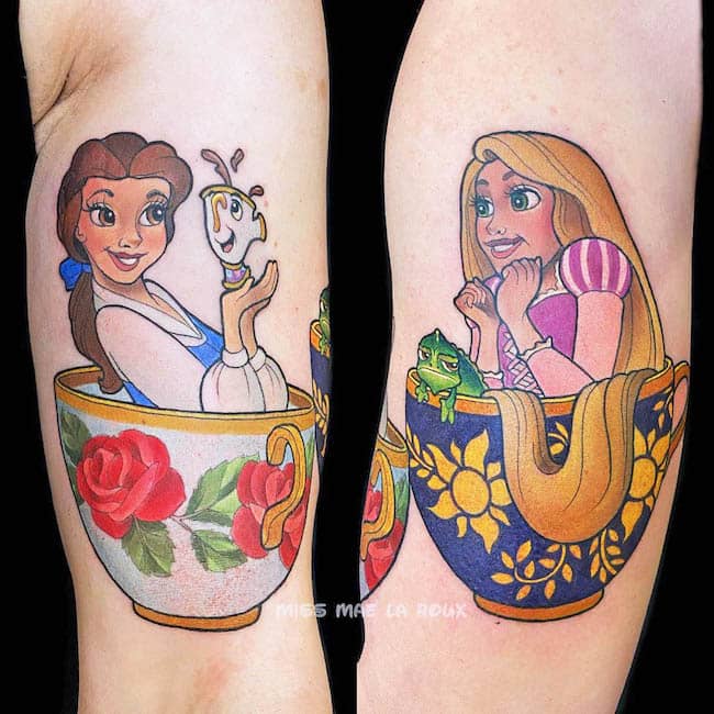 Tatuaggi coordinati di Belle e Rapunzel di @missmaelaroux