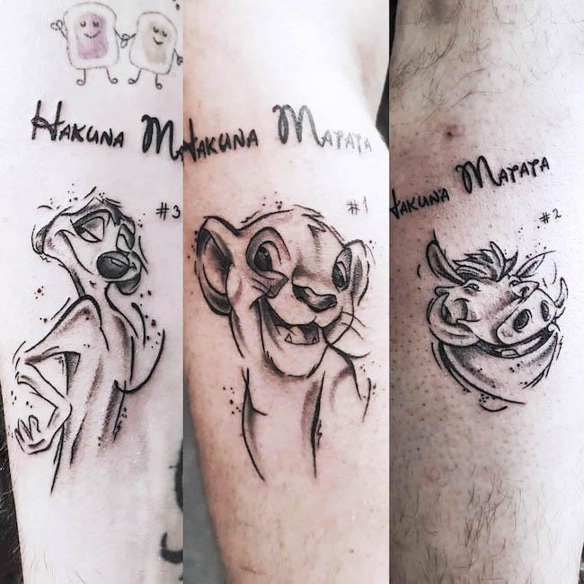 Simba, Timon e Pumbaa migliori amici tatuati da @admiratattoo