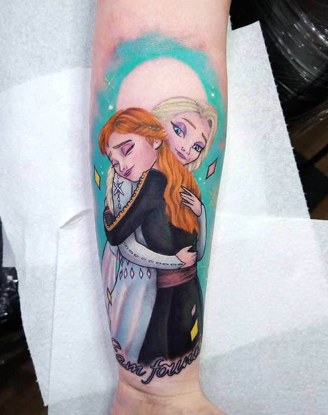 Elsa and Anna from Frozen tattoo by @crowthertattoo