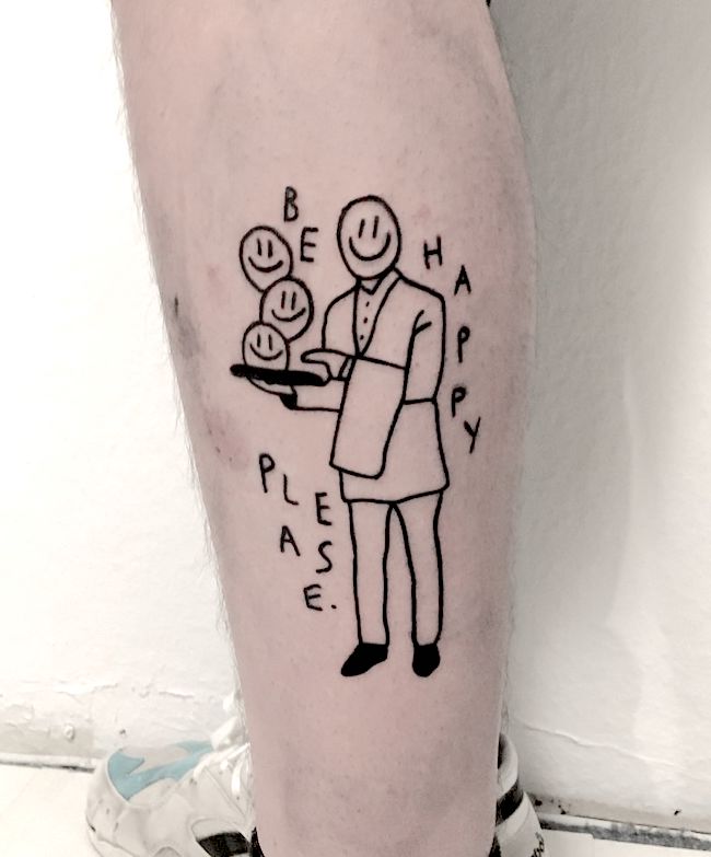 Be happy please un divertente tatuaggio sul polpaccio di @highdanger.tattoo