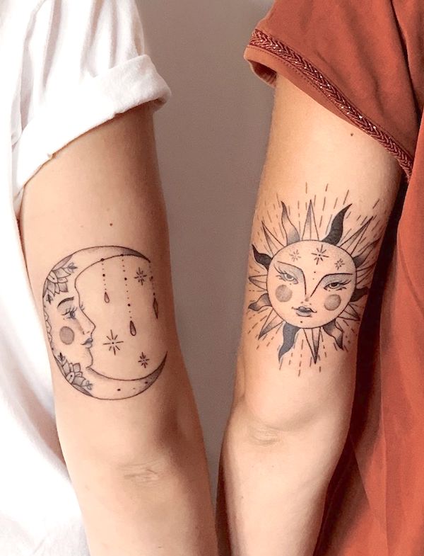 Tatuaggi intricati del sole e della luna sul braccio di @marionfernandes- Stupendi tatuaggi unisex abbinati per fratelli e sorelle