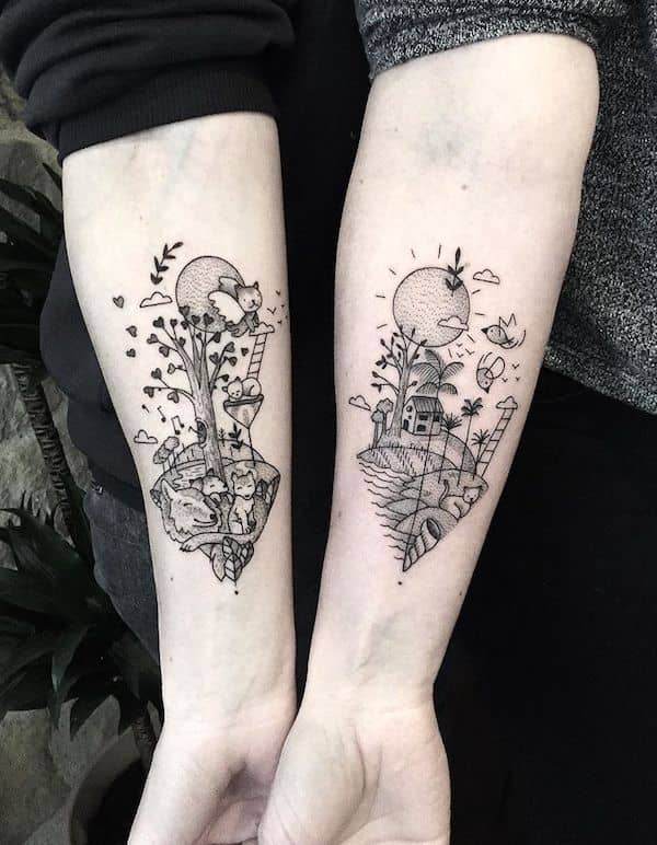 Tatuaggi di paesaggi fantasy abbinati per @mast_cora- Tatuaggi audaci e creativi per i fratelli