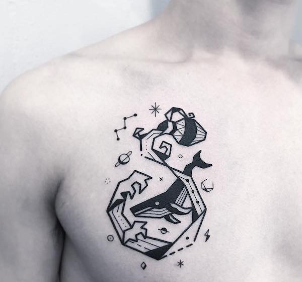 Un divertente tatuaggio geometrico sulla clavicola di @greemtattoo