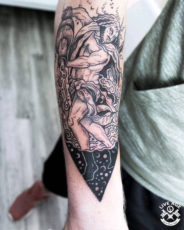 Un tatuaggio accattivante sull'avambraccio per gli uomini Acquario by @liveagetattoo