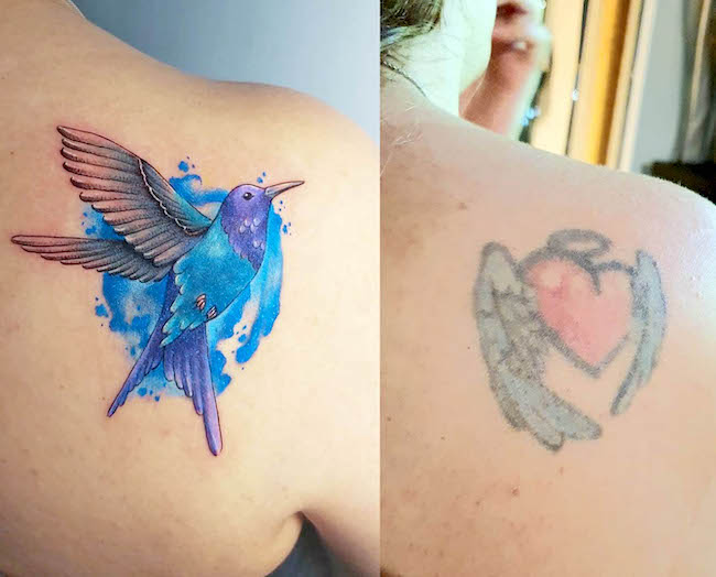 Ali e cuore nel tatuaggio colibrì di @danidemori.tattoo