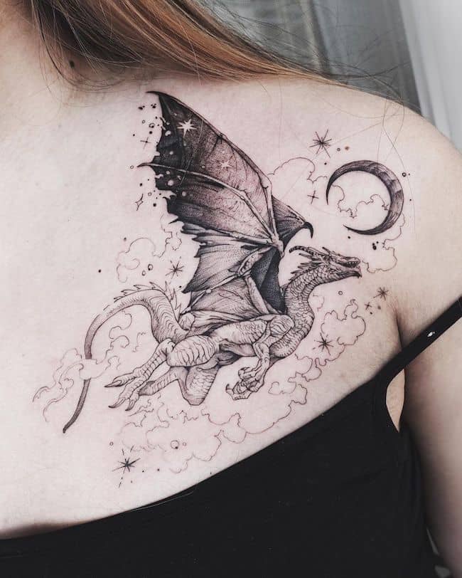 Dragon in the starry night tattoo by @masa__island - Tatuaggi di draghi eleganti e tosti per donne con significato