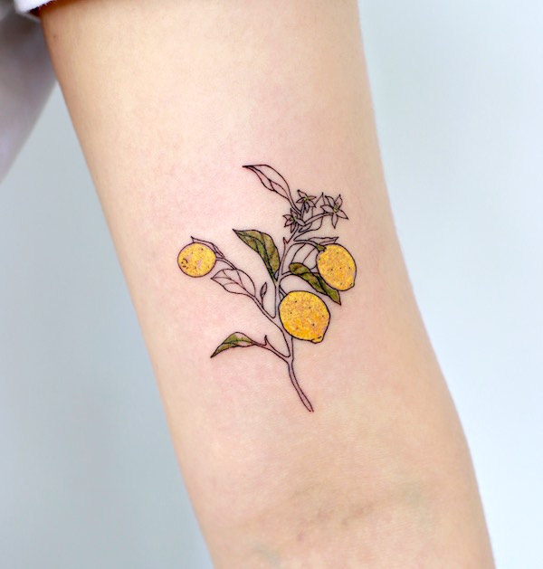 Tatuaggio di frutta nera e colorata di @tattoo_joojoo